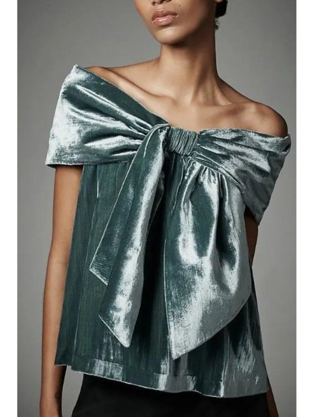 Mare Mare Velvet Off-the Shoulder Bow Top in Teal Size Small